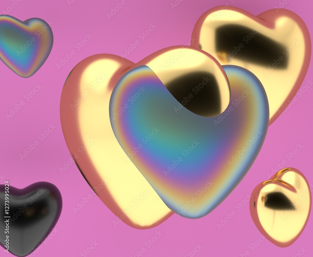 Poster 3D illustration featuring floating heart shapes with metallic and iridescent textures against a soft pink background. The hearts exhibit a reflective, modern, and romantic aesthetic.