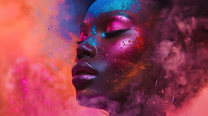 Vibrant Artistic Portrait of a Woman with Colorful Powder on Face in a Dreamy Atmosphere