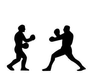 Silhouette of two boxers in action, facing each other in a dynamic stance. A perfect vector illustration for sports, fitness, competition, and martial arts themes