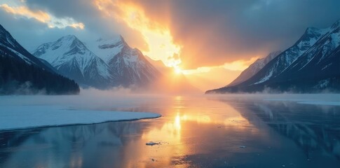 Naklejka premium Clouds and sunbeams in Haines Alaska, with glowing ice forming a misty veil on the landscape, frozen lake, shimmering water, cloudy sky