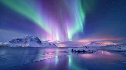 Naklejka premium Stunning auroras illuminate a serene winter landscape with mountains and a reflective lake.