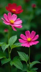 Obraz premium Colorful rose cosmos blooms on bright green leaves, green leaves, nature