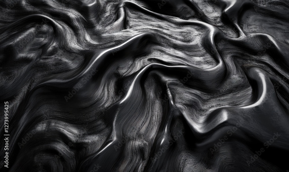 Poster abstract black fabric texture with flowing waves, creating a sense of depth and movement