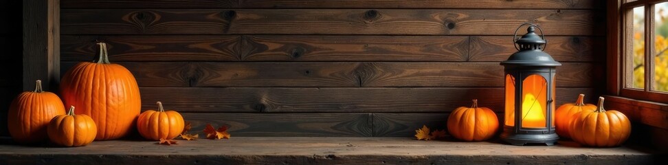 Cozy autumnal scene with rustic wooden wall and pumpkins lanterns, lanterns, rustic