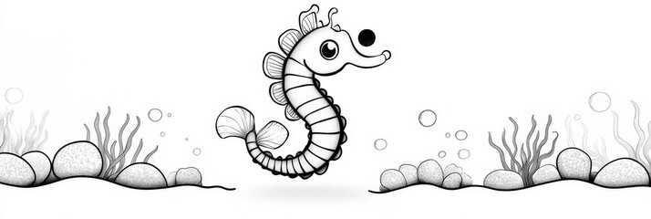 Adorable Seahorse Ocean Scene Illustration - Cute hand-drawn seahorse in an ocean scene, symbolizing marine life, childhood, nature, underwater world, and tranquility