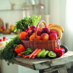 A wicker basket filled with fresh fruits and vegetables including apples, bananas, avocados, kiwi, carrots, bell peppers, and greens, placed on a sunlit wooden table indoors.