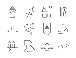 Airport Line Icon Featuring Air Travel and Passenger Activities