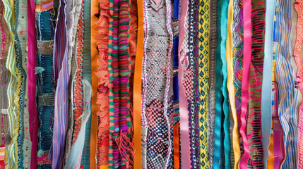 Colorful Textile Strips Displaying Diverse Patterns and Textures in Vibrant Hues for Creative and Artistic Inspiration