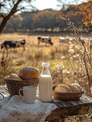 A rustic countryside breakfast with a bottle of fresh milk, a glass, and a basket of homemade bread on a wooden table, set against rolling hills and grazing cows in the warm autumn sunlight