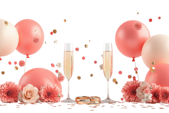 Celebrate with elegant champagne flutes, flowers, and festive balloons for a special occasion! isolated on transparent background