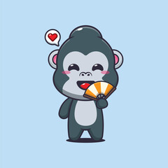 gorilla mascot cartoon character vector illustration with hand fan