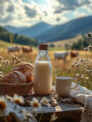 A rustic countryside breakfast with a bottle of fresh milk, a glass, and a basket of homemade bread on a wooden table, set against rolling hills and grazing cows in the warm autumn sunlight
