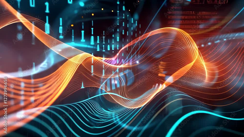 Poster experience the vibrant interaction of digital data through flowing patterns and waves in a captivati
