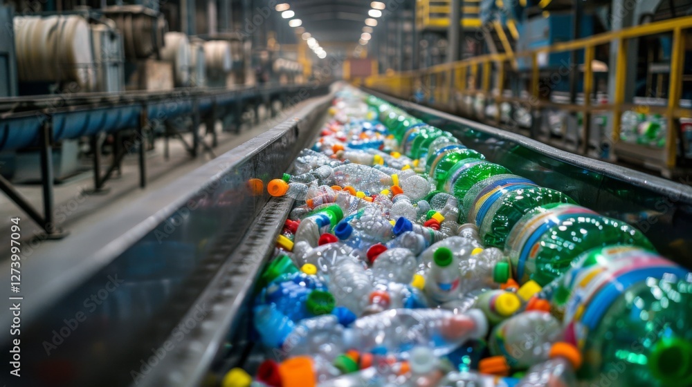 Poster a conveyor belt in a recycling facility carries an array of plastic bottles and containers, highligh