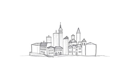 Obraz premium Adorable Hand-Drawn Sketch of a Charming City with Cute Buildings, Streets, and Playful Urban Details