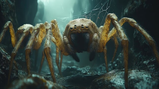 Cave Spider, menacing, lurking in a spooky cavern. Possible use for a fantasy, horror, or science fiction themed project