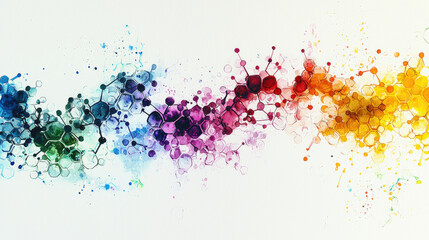 Colorful molecular structure illustration with vibrant splashes and hexagons
