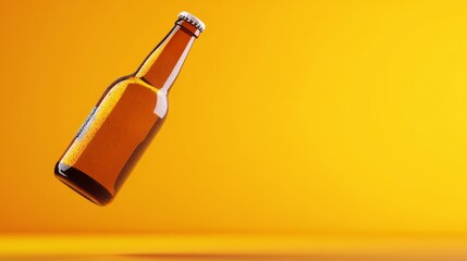 Amber Beer Bottle Mockup: Elegant Levitation - A brown beer bottle floats against a vibrant yellow backdrop. Symbolizing refreshment, craft brewing, premium quality, a celebration, and modern design