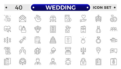 Wedding and marriage Outline icon collection. Newlyweds' holiday, wedding, love. Bride, groom, lovers, wedding rings, wedding car, cake, wedding service  wedding vows, flower, wedding planner.