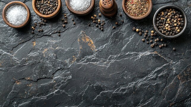 A rustic display of various spices and salts in wooden bowls on a dark stone countertop