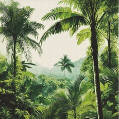 Fototapeta premium A vintage hand-etched rainforest wallpaper design mimicking old-world engravings, with finely shaded tropical plants and palm trees