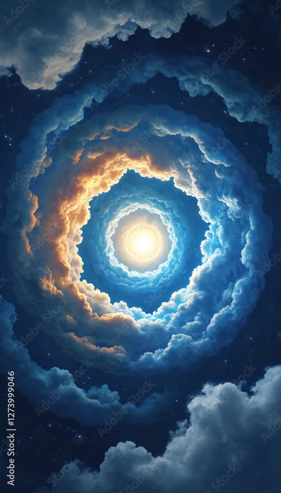 Aufkleber Cosmic illustration of swirling clouds and stars. Gold and blue spiral toward each other in sky. Space vortex abstract background with glow in center. Universe exploration with light.