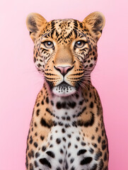 Fototapeta premium Pink background portrait: jaguar or leopard.