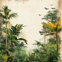 A subtle textured vintage wallpaper design that incorporates faded jungle plants and wildlife sketches into an aged parchment-style background