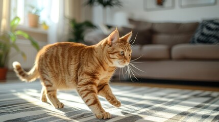 A ginger cat walks gracefully across a patterned rug in a cozy living room.