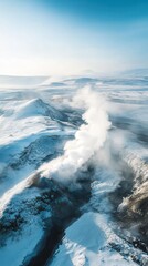 the Geysir eruption in Iceland from above, with steam and water surging upward, surrounded by the wintery Icelandic landscape.