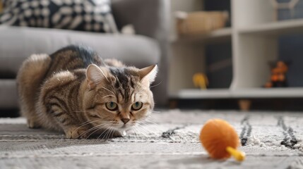 A cat is stealthily approaching a toy on a rug in a cozy living room setting.