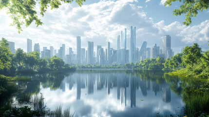 Obraz premium Modern City Skyline Reflected in a Tranquil Park Lake