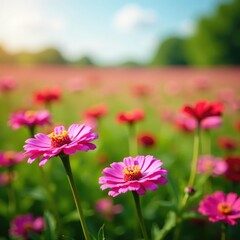 Obraz premium Field of pink zinnias blooming in a sunny meadow, field, flowers, bloom