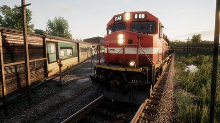 Obraz premium Red locomotive 808 at a rural train station during sunset with greenery in the background