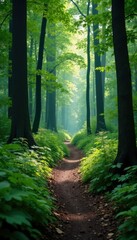 Forest path winding through dense undergrowth, landscape, trail, trees