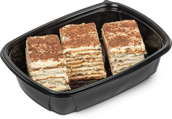 I have three pieces of cake in a black plastic container