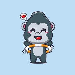 gorilla mascot cartoon character vector illustration playing hula hoop