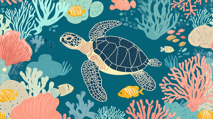 seamless pattern with fishes and turtle