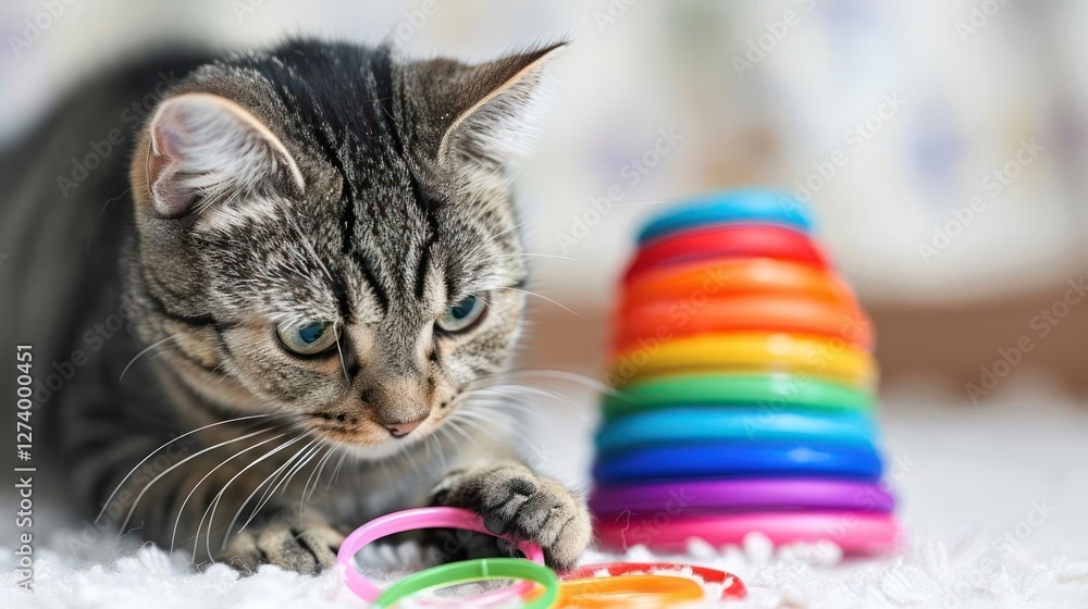 Poster a playful cat interacts with colorful stacking rings on a soft surface.