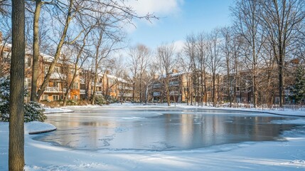 Serene Winter Landscape with Tranquil Ice-Covered Pond and Trees