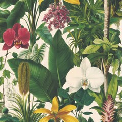 A vintage botanical wallpaper design with intricately detailed orchids, bromeliads, and tropical foliage, presented in a Victorian-era scientific illustration style