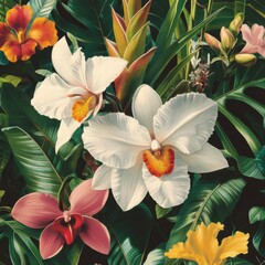 A vintage botanical wallpaper design with intricately detailed orchids, bromeliads, and tropical foliage, presented in a Victorian-era scientific illustration style