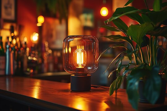 Ambient Bar Light: A warm-toned lamp illuminates a wooden counter contrasting with vibrant greenery in a cozy inviting bar setting