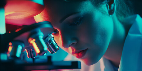 A woman is intently looking through a microscope in a darkened laboratory with colorful lighting.