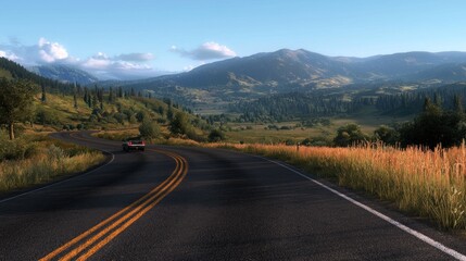 Naklejka premium Scenic mountain road winding through lush greenery under a clear blue sky with distant hills