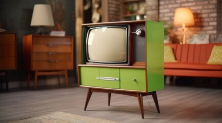 Retro green TV display in living room, entertainment