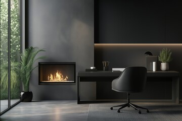 Minimalist home office with a small bio fireplace, modern desk setup, and stylish decor for a cozy workspace.