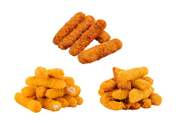 Various types of golden fried snacks arranged on a white background