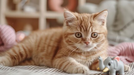 A playful ginger cat lounges beside a small elephant toy on a cozy surface.