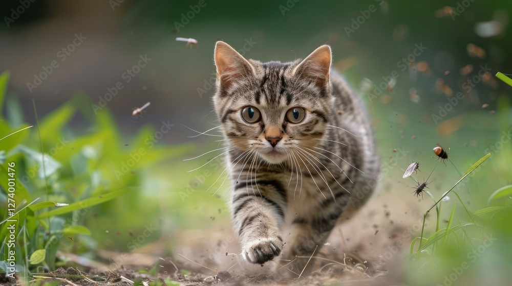 Poster a playful tabby cat running through a grassy area, creating a lively scene.